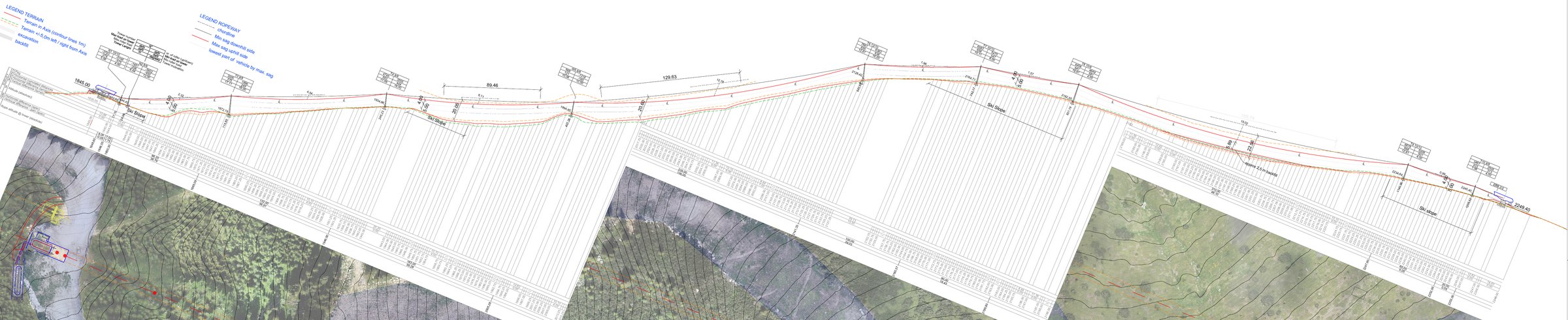 Profilo longitudinale e planimetria di una seggiovia reinstallata, calcolati con ROPES LINEX